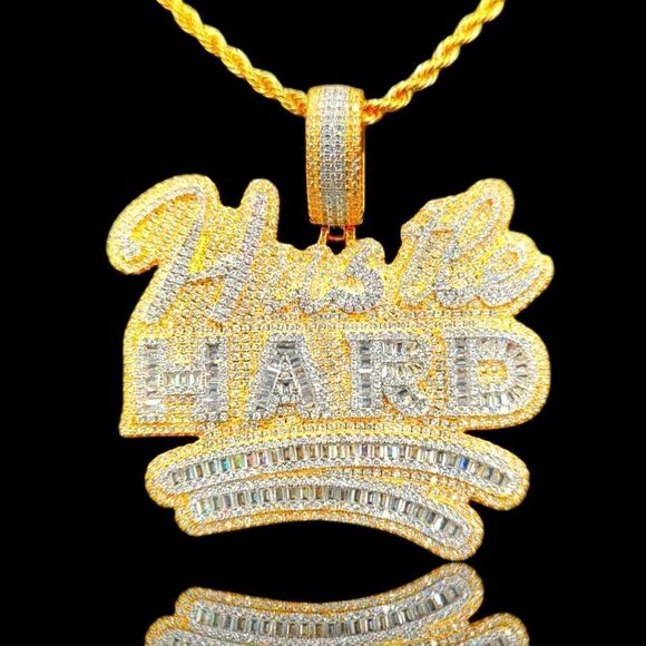 14K Yellow Gold Finish Hustle Hard  - Free 24inch x 3mm Rope Chain. - Picture 1 of 8